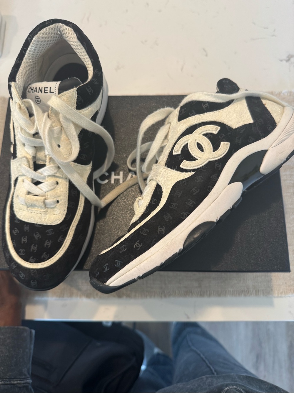 CHANEL Black and White Logo Athletic Sneakers